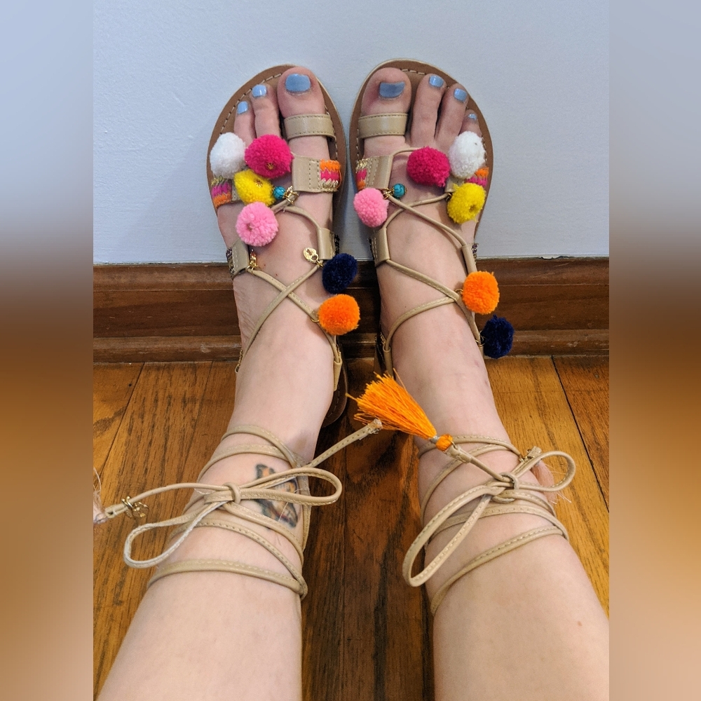 Asos Boho Pom Pom Colorful Tie Up Flat Sandals Size 7 Fesrival